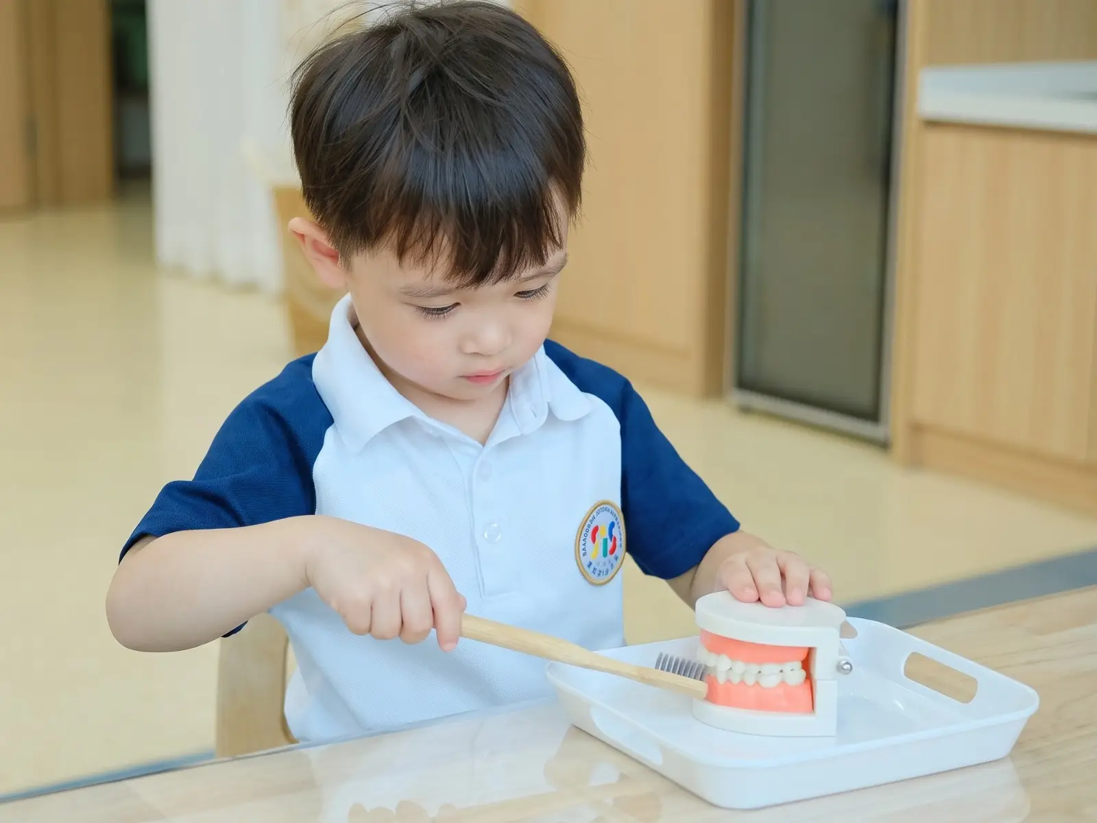 Young boy at Sproutville International School engaging in a Montessori practical life activity by practicing brushing on a dental teeth model.